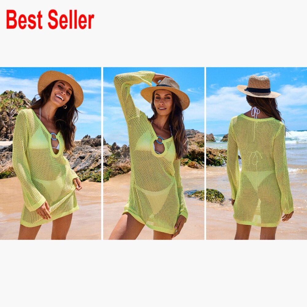 Acrylic Crochet Beach Cover Up Swimsuit Dress Hollow Out Mesh - Picture 7 of 7